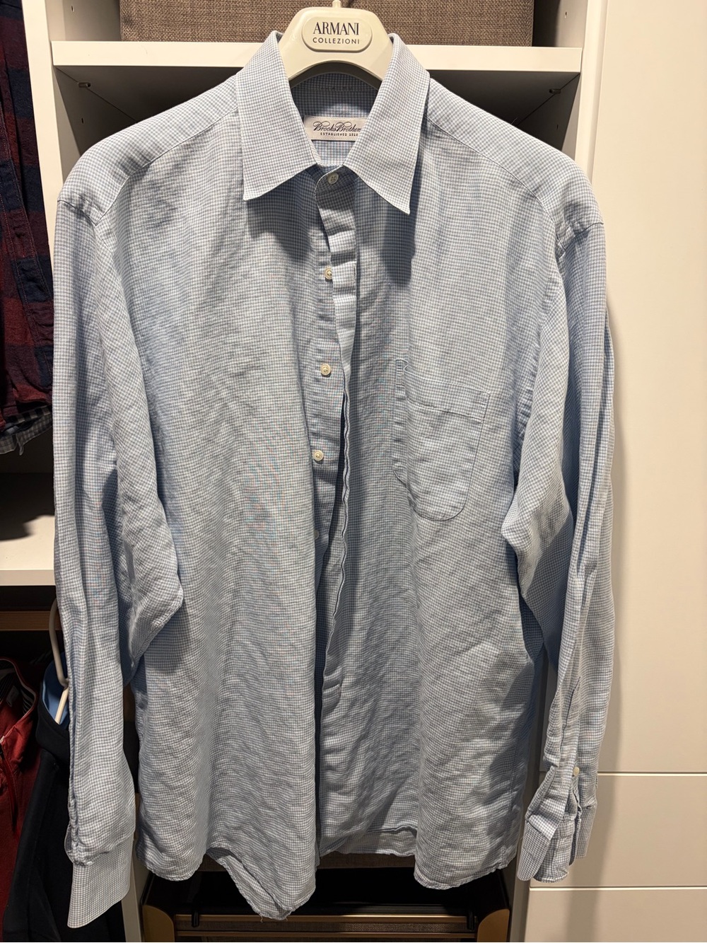 Brooks Brothers 16.5 34/35 Linen Cotton Blue Check Shirt Made Hong Kong